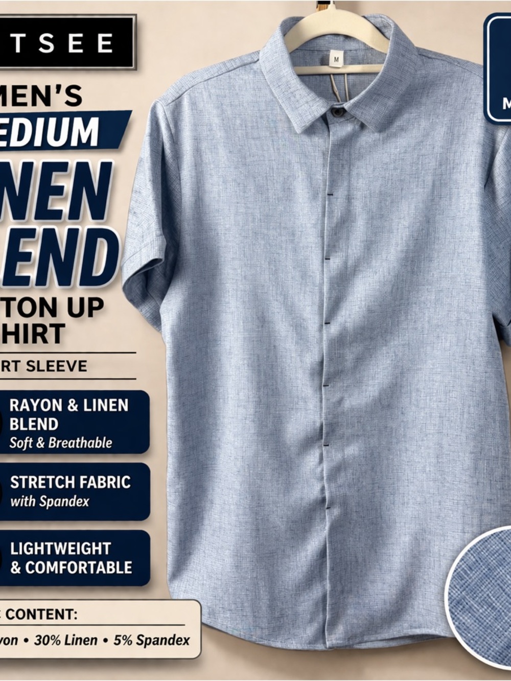 TSE Men’s Light Blue Short Sleeve Linen-Blend Button-Down Shirt